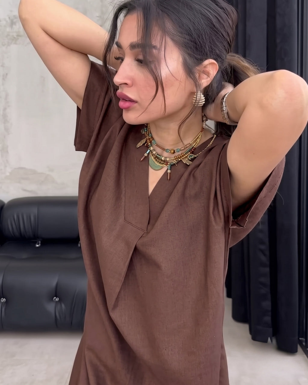 Kiana - Brown Premium Linen Relaxed V-Neck Midi Dress