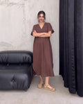 Kiana - Brown Premium Linen Relaxed V-Neck Midi Dress