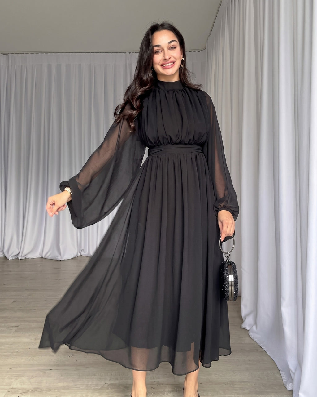 Krina - Elegant Black Chiffon Bishop Sleeve Dress