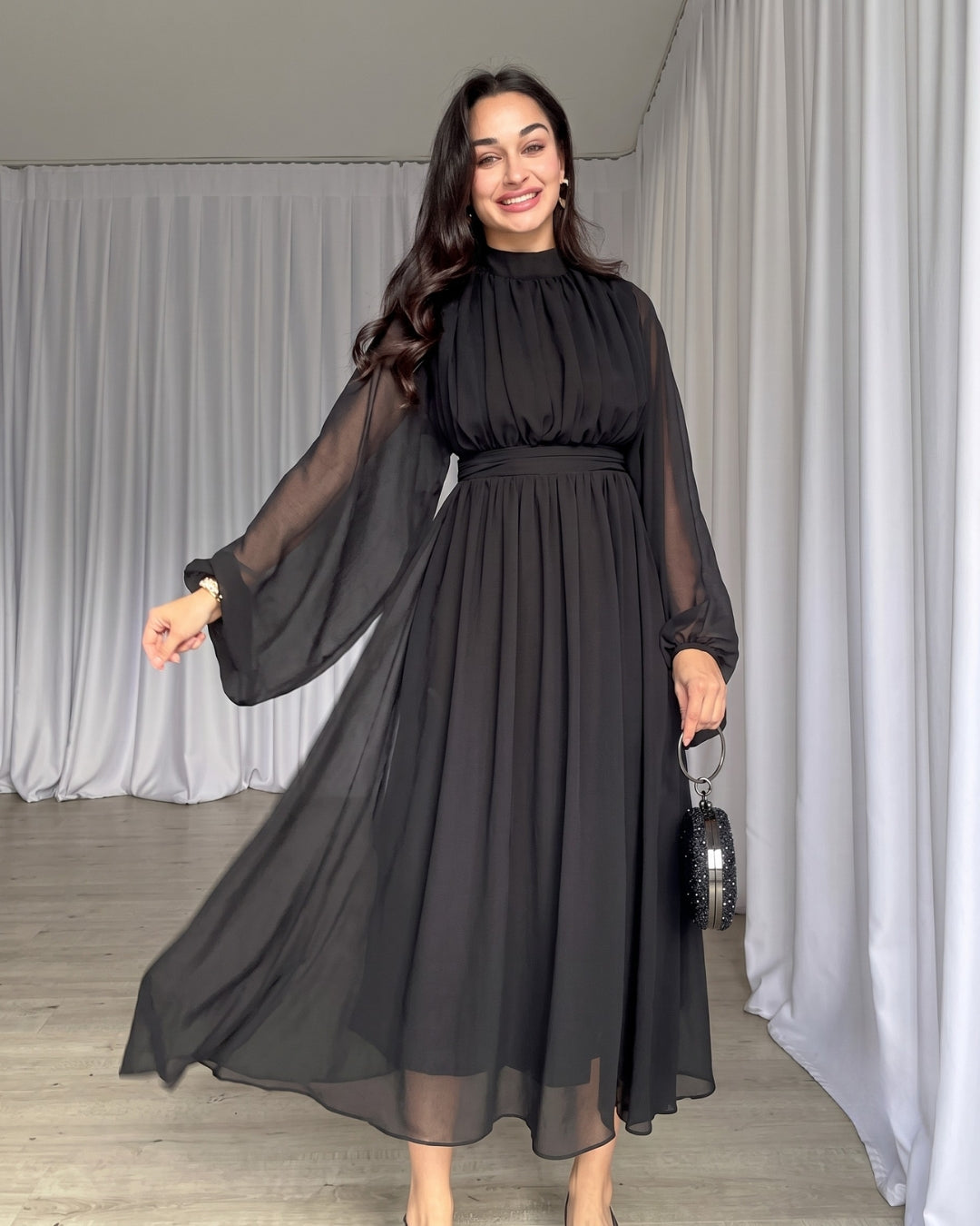 Krina - Elegant Black Chiffon Bishop Sleeve Dress