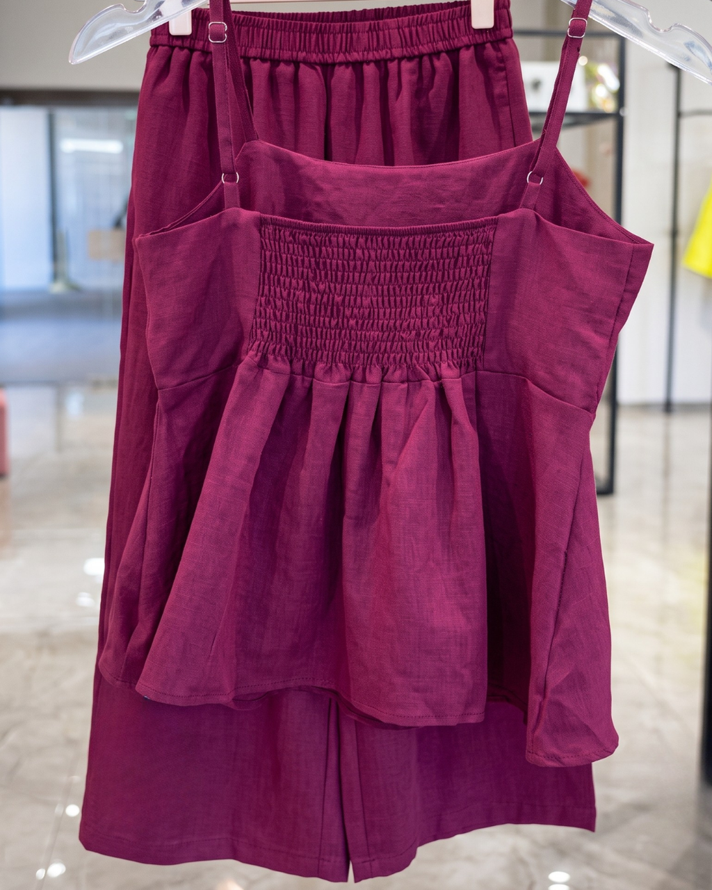 Grisha - Wine Smocked Peplum Cami Shorts Co-ord Set