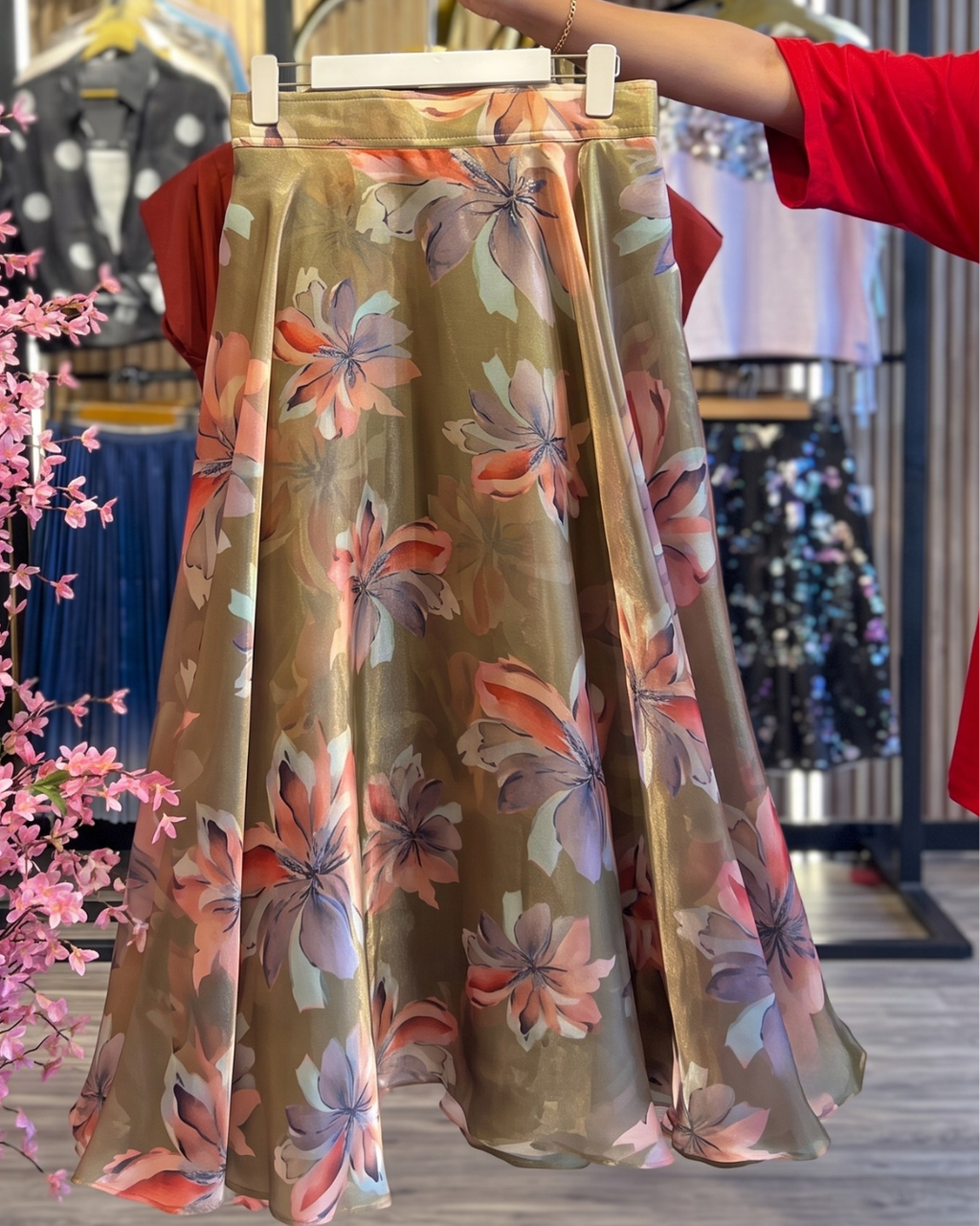 Sanitya - Rust Cowl Neck Floral Flare Skirt Set