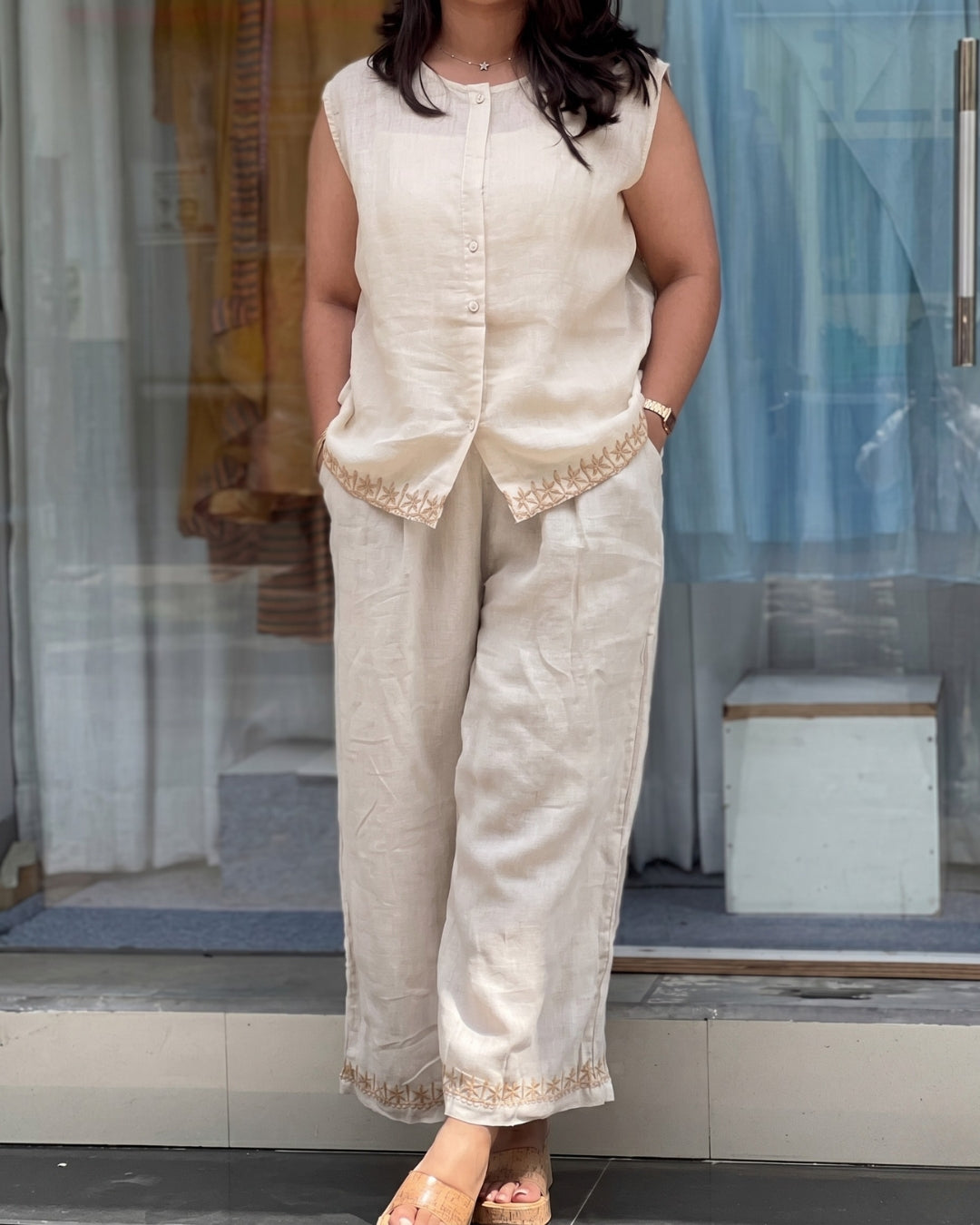 Kriya - Ivory Embroidered Linen Co Ord Set
