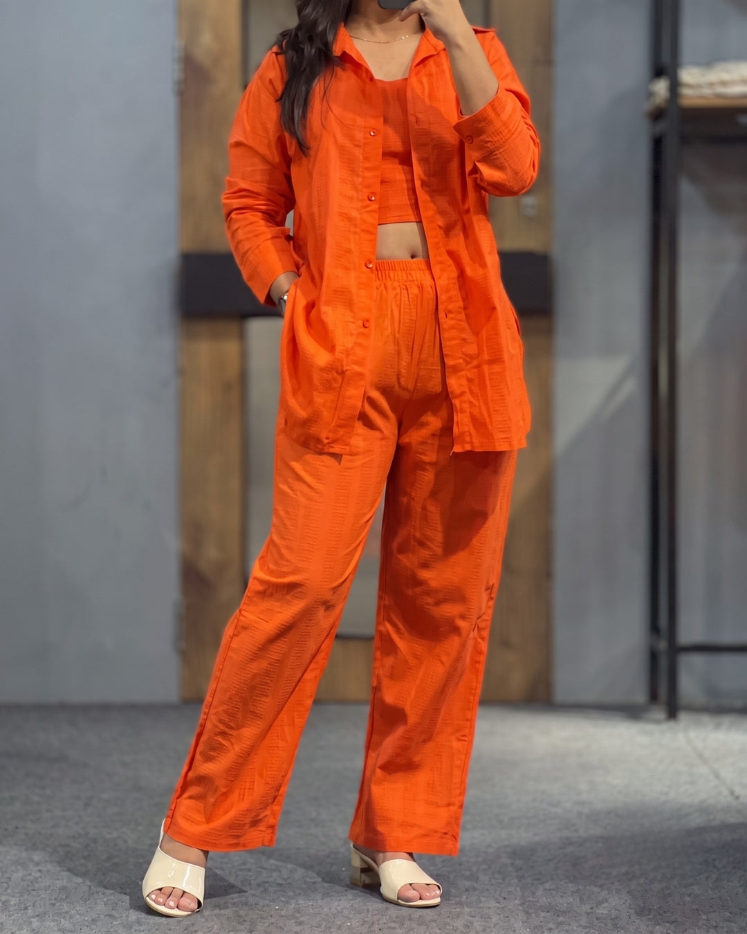 Orlina - Orange Premium Textured Three Piece Co-Ord Set