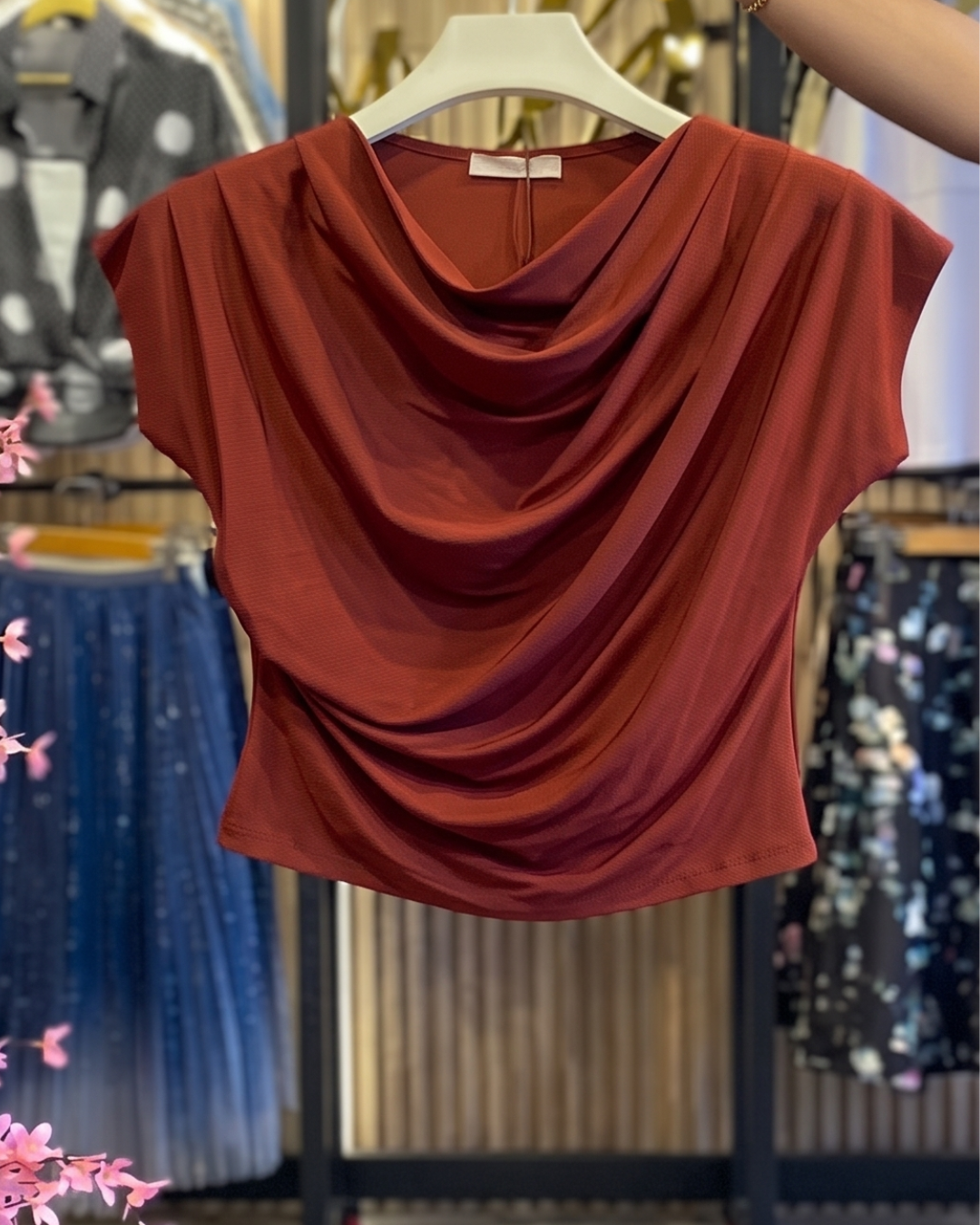 Sanitya - Rust Cowl Neck Floral Flare Skirt Set