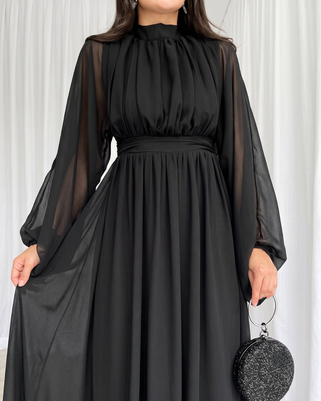 Krina - Elegant Black Chiffon Bishop Sleeve Dress