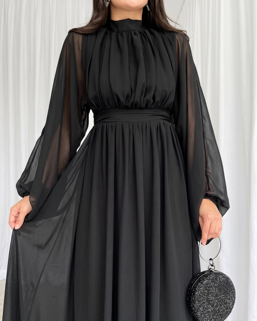 Krina - Elegant Black Chiffon Bishop Sleeve Dress
