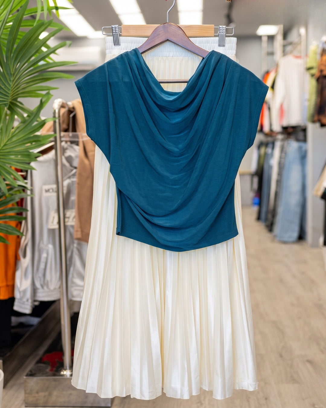 Zeya - Teal Draped Top Ivory Pleated Skirt Co-ord