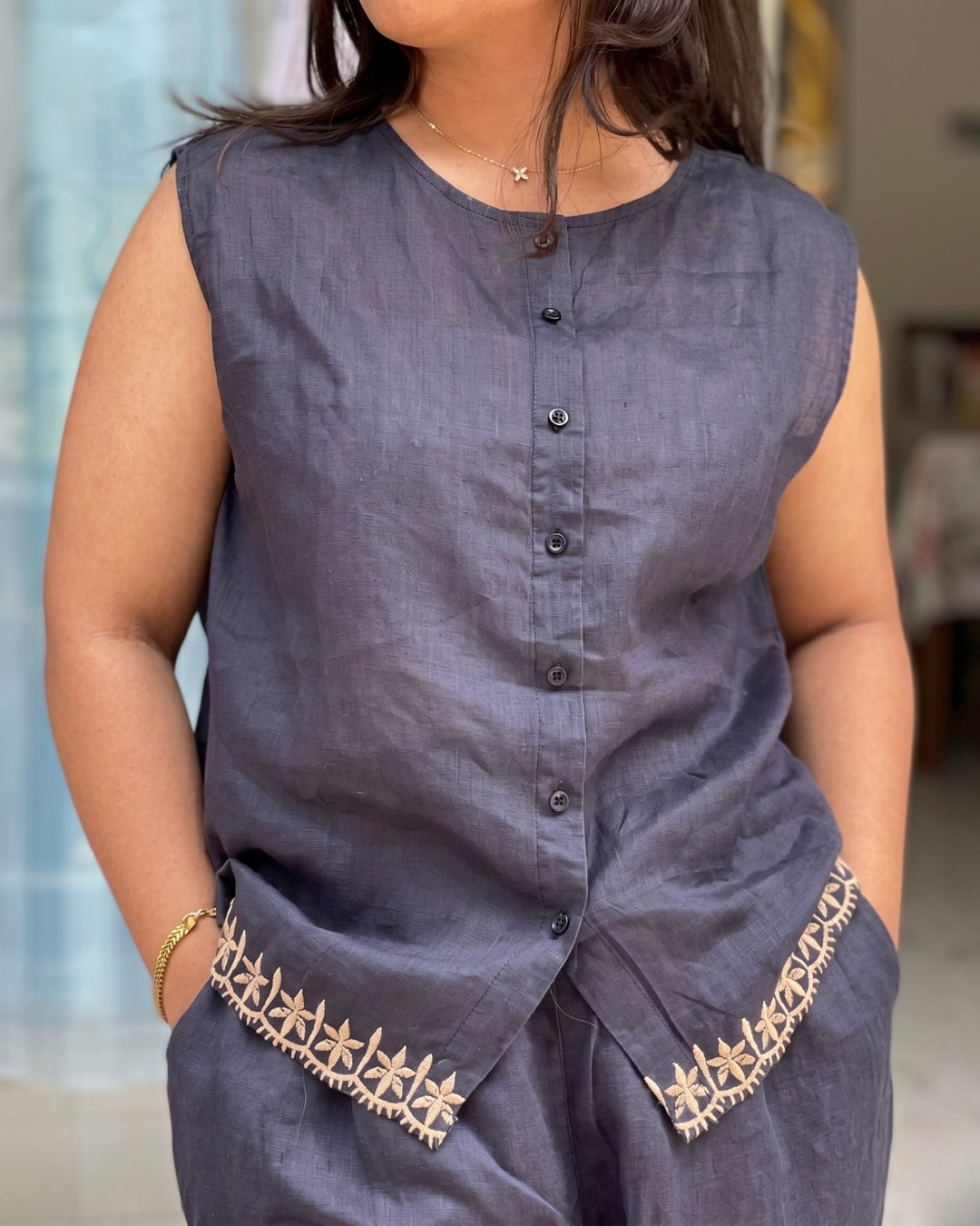 Kriya - Grey Embroidered Linen Co Ord Set