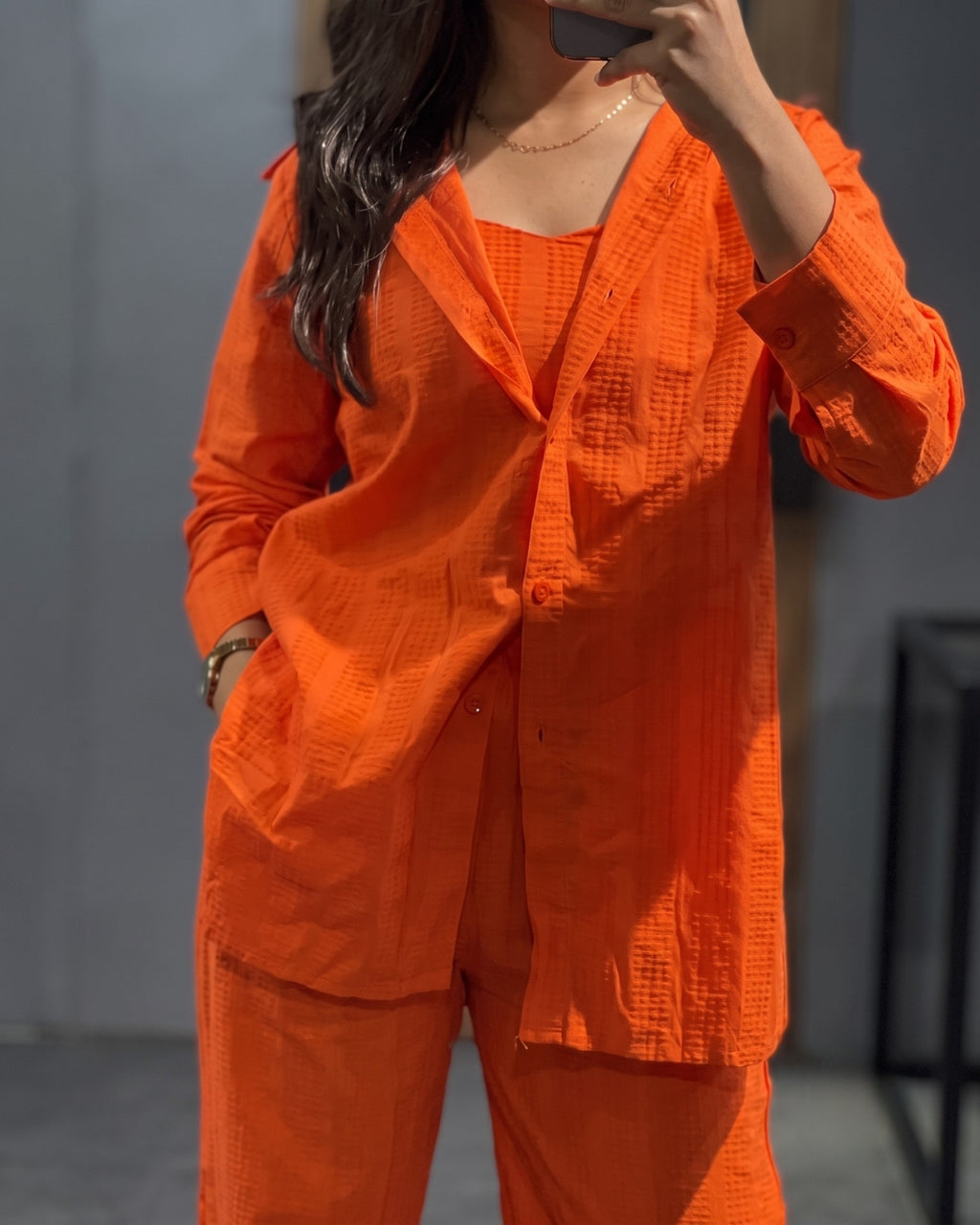 Orlina - Orange Premium Textured Three Piece Co-Ord Set