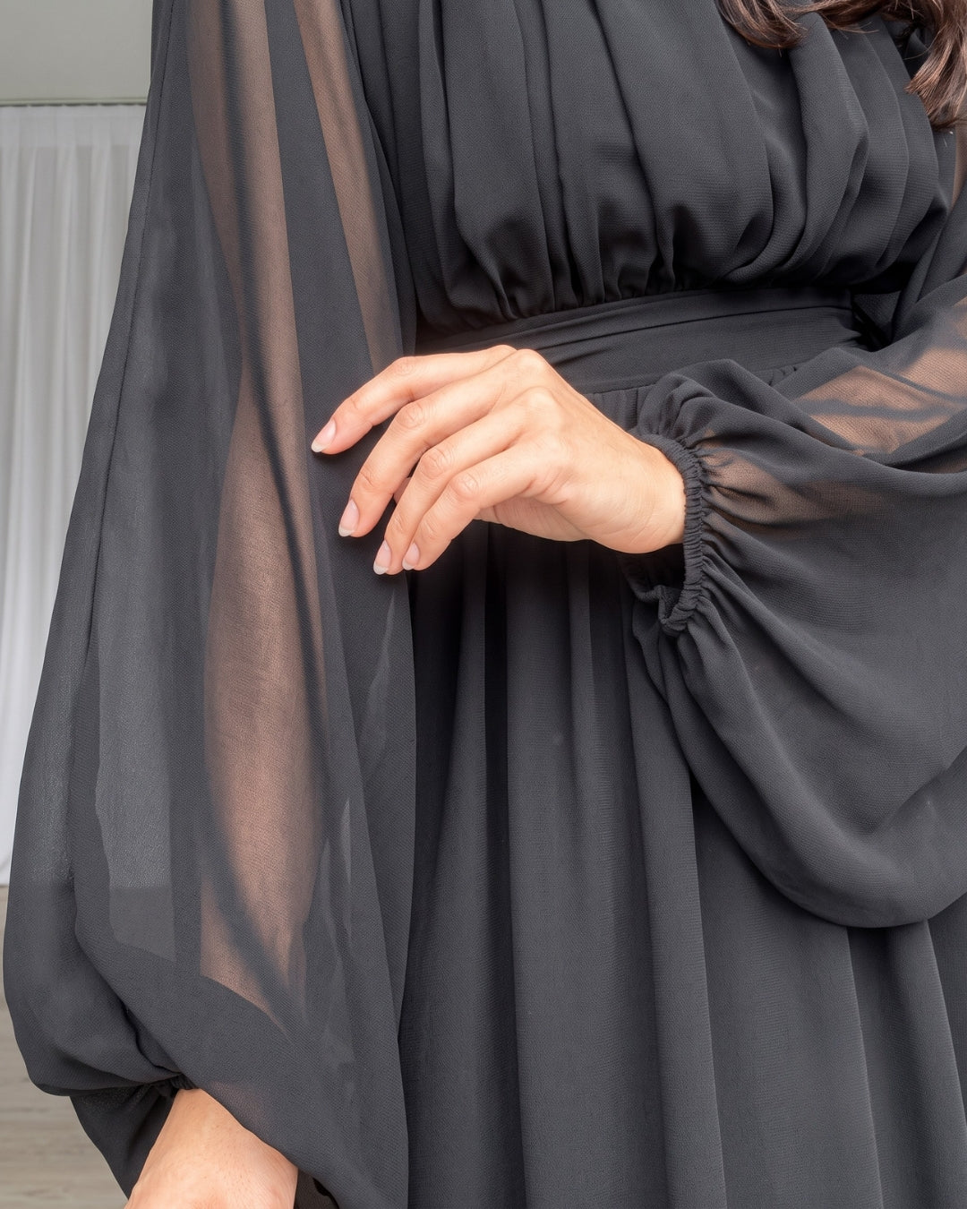 Krina - Elegant Black Chiffon Bishop Sleeve Dress