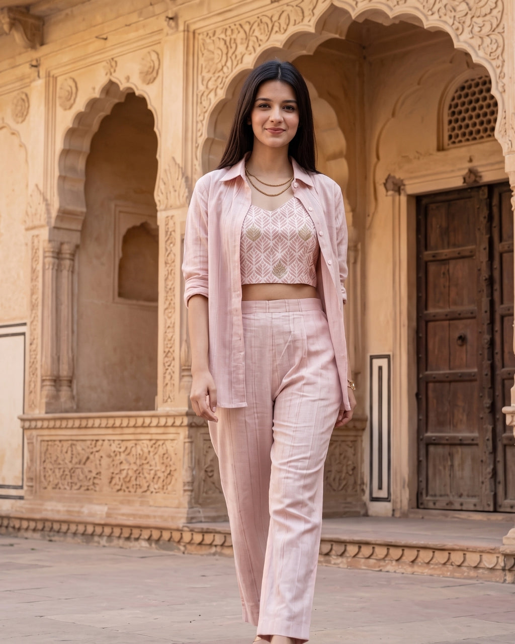 Nirvana - Blush Pink Leaf Print Three-Piece Co-Ord Set