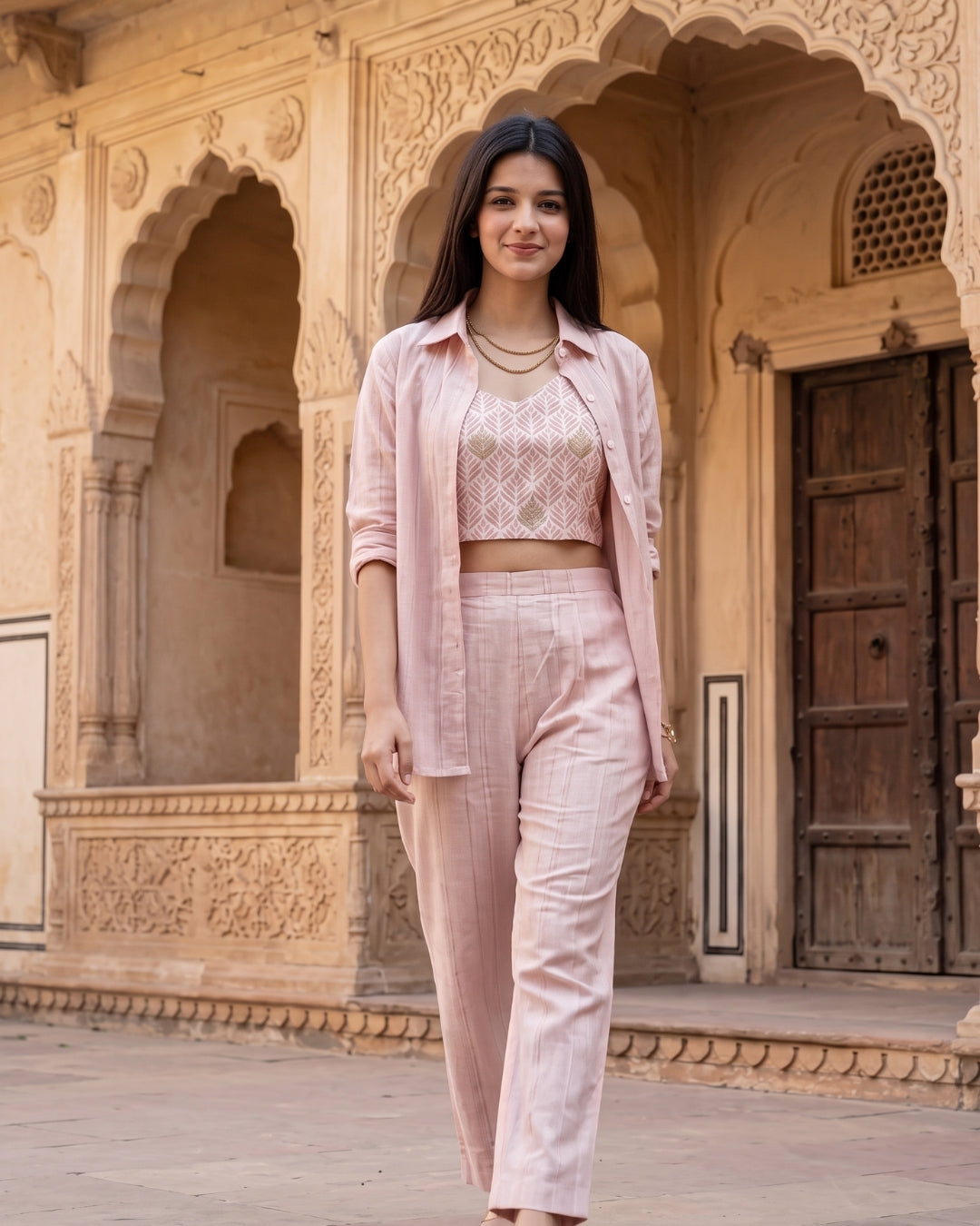 Nirvana - Blush Pink Leaf Print Three-Piece Co-Ord Set