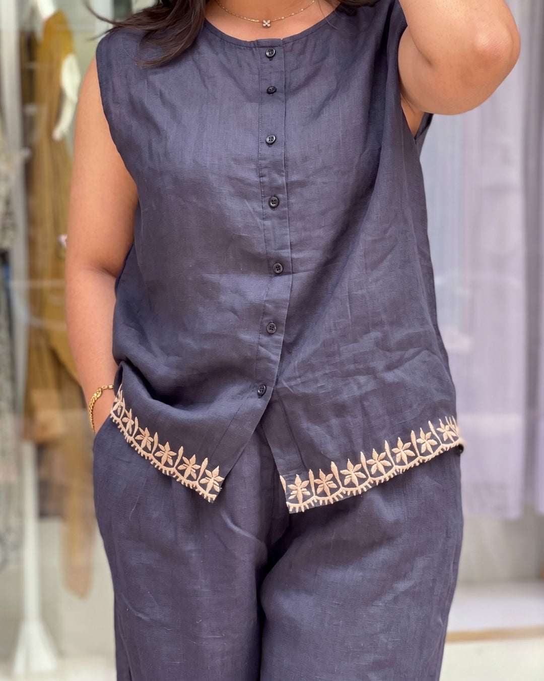 Kriya - Grey Embroidered Linen Co Ord Set