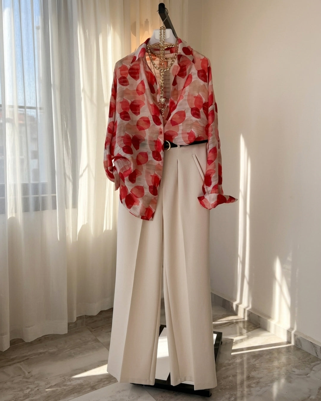 Niva - Abstract Floral Sheer Shirt Wide Leg Trousers Set