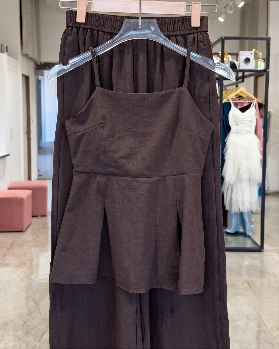 Grisha - Brown Smocked Peplum Cami Shorts Co-ord Set