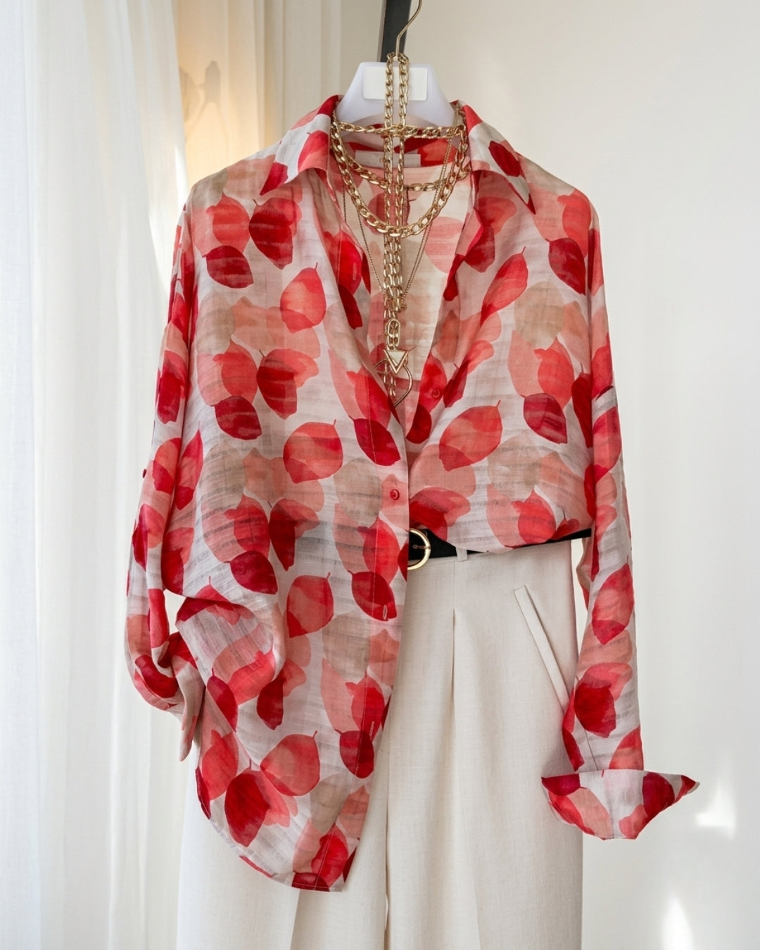 Niva - Abstract Floral Sheer Shirt Wide Leg Trousers Set