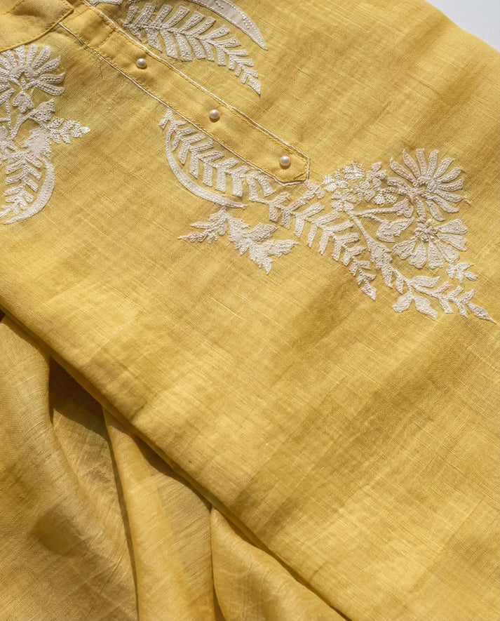 Riya - Pure Mul Cotton Mustard Yellow Unstitched Suit Set