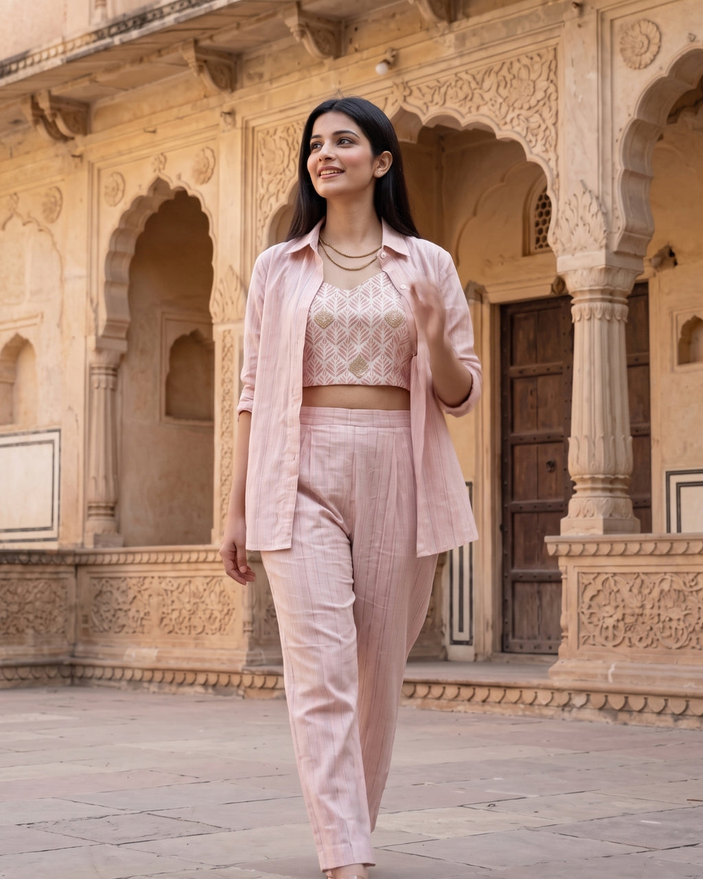 Nirvana - Blush Pink Leaf Print Three-Piece Co-Ord Set