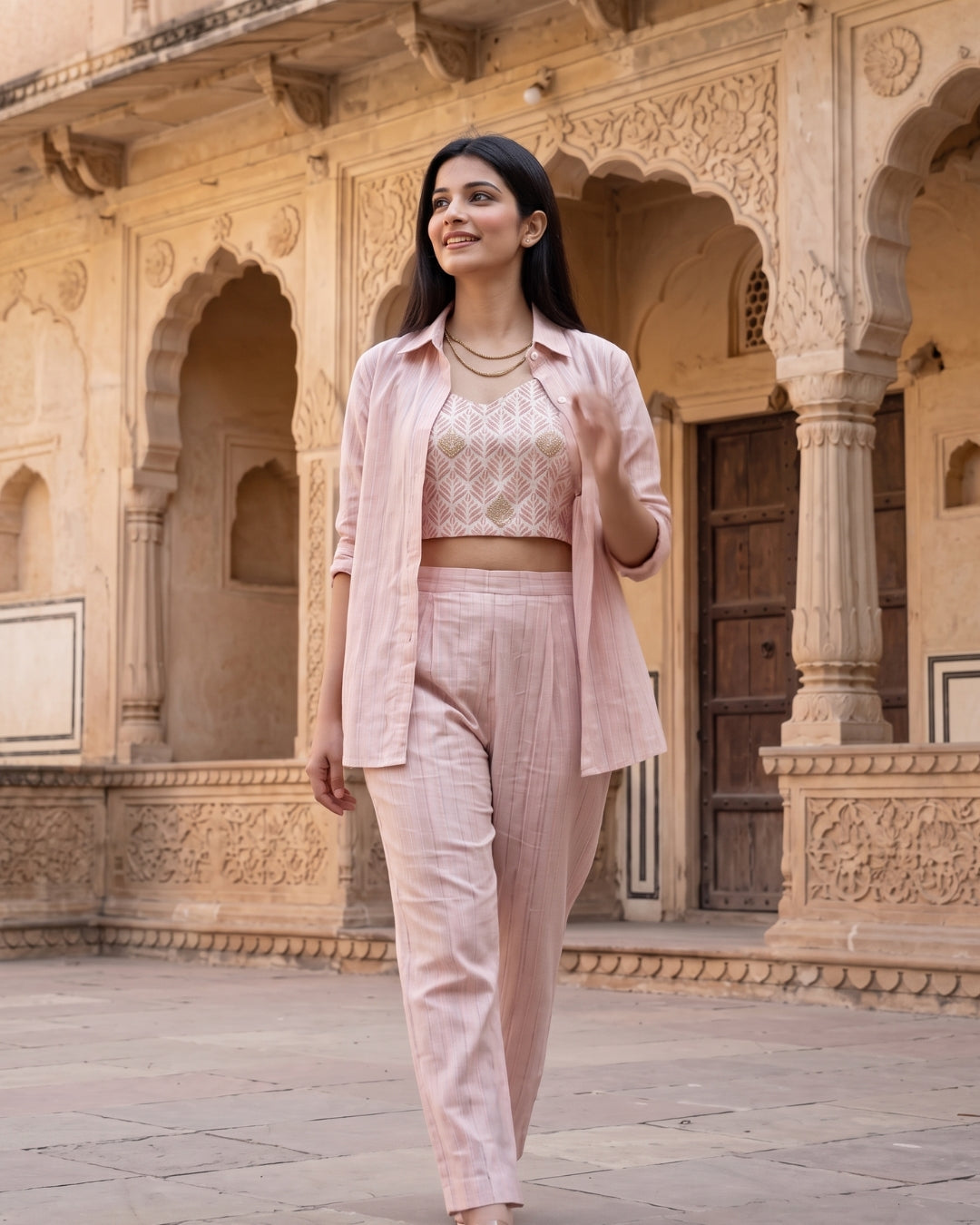 Nirvana - Blush Pink Leaf Print Three-Piece Co-Ord Set