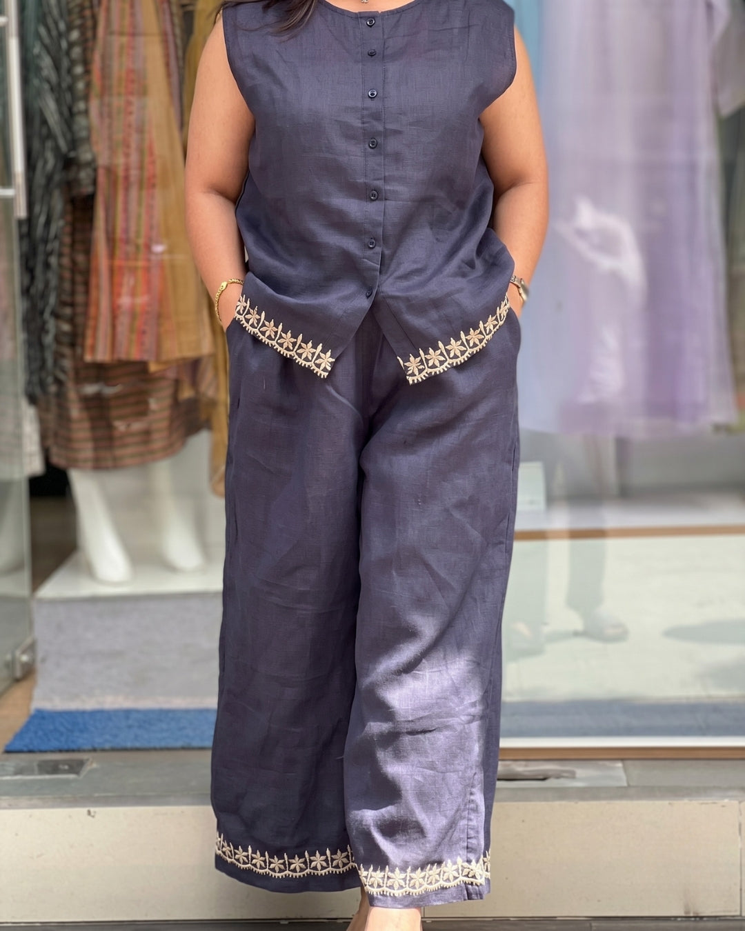 Kriya - Grey Embroidered Linen Co Ord Set