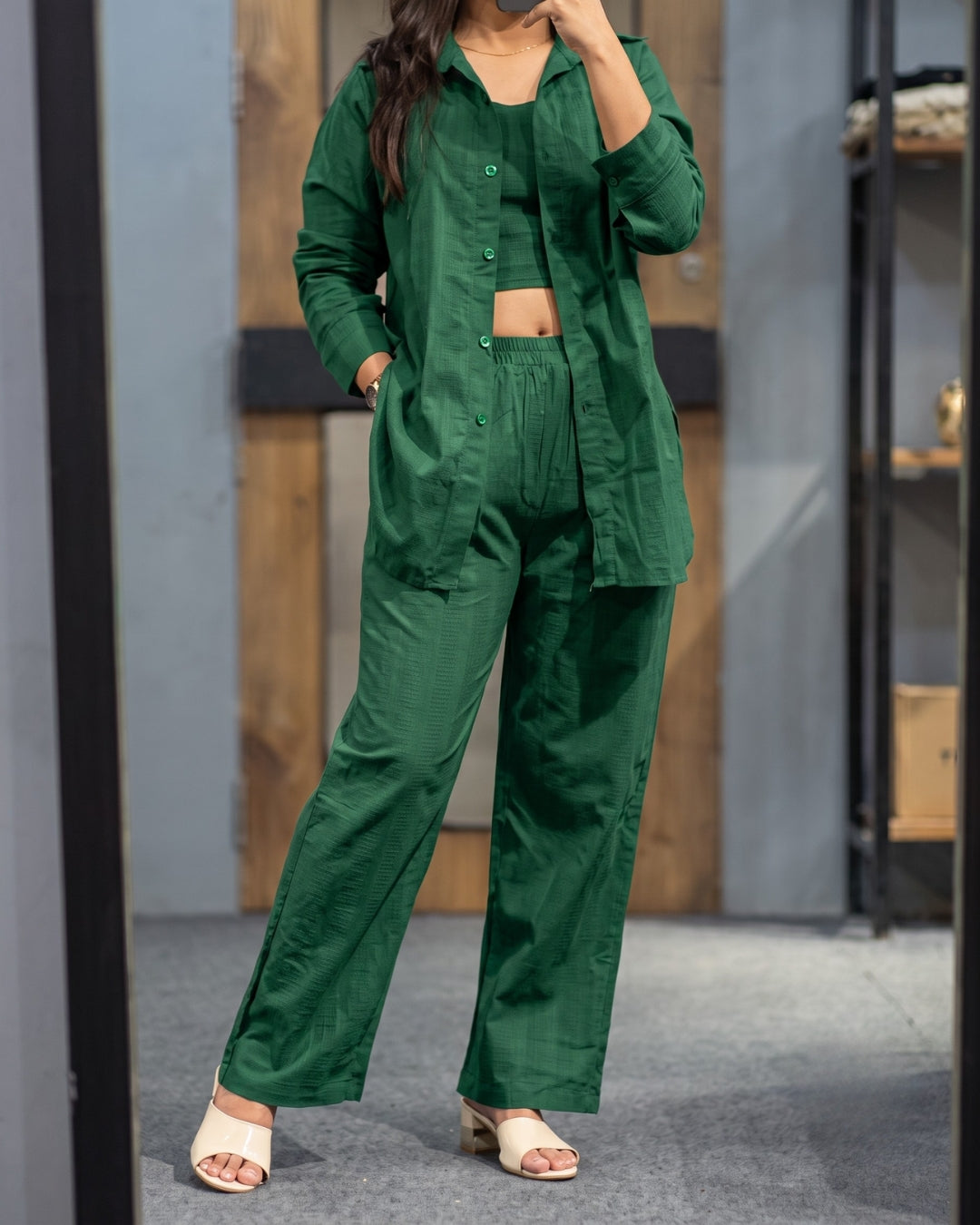 Orlina - Green Premium Textured Three Piece Co-Ord Set