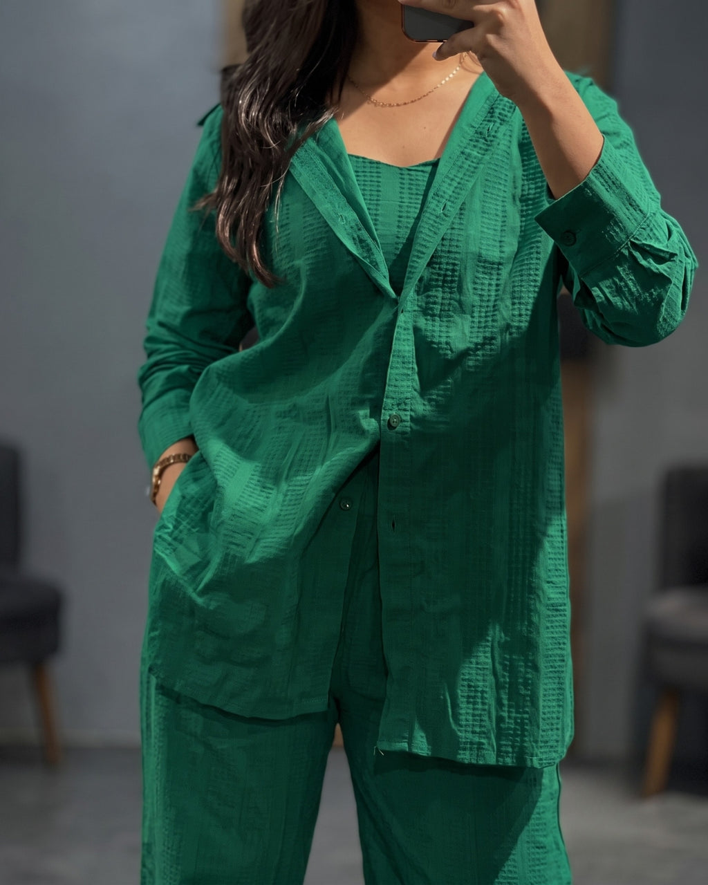 Orlina - Green Premium Textured Three Piece Co-Ord Set