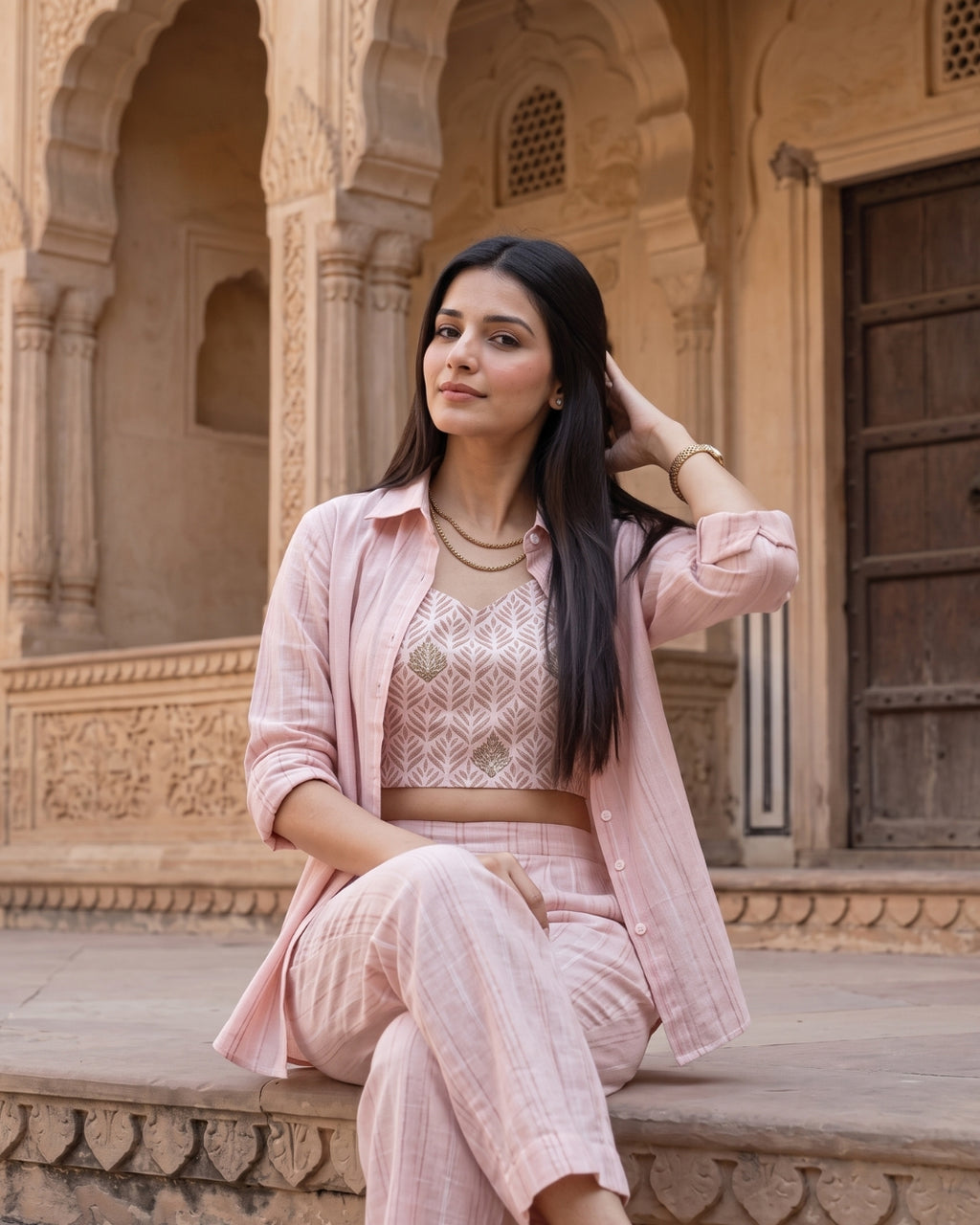 Nirvana - Blush Pink Leaf Print Three-Piece Co-Ord Set