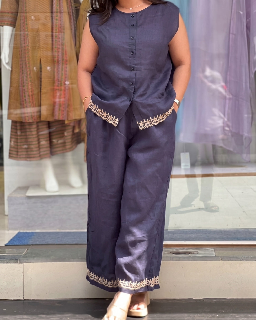 Kriya - Grey Embroidered Linen Co Ord Set