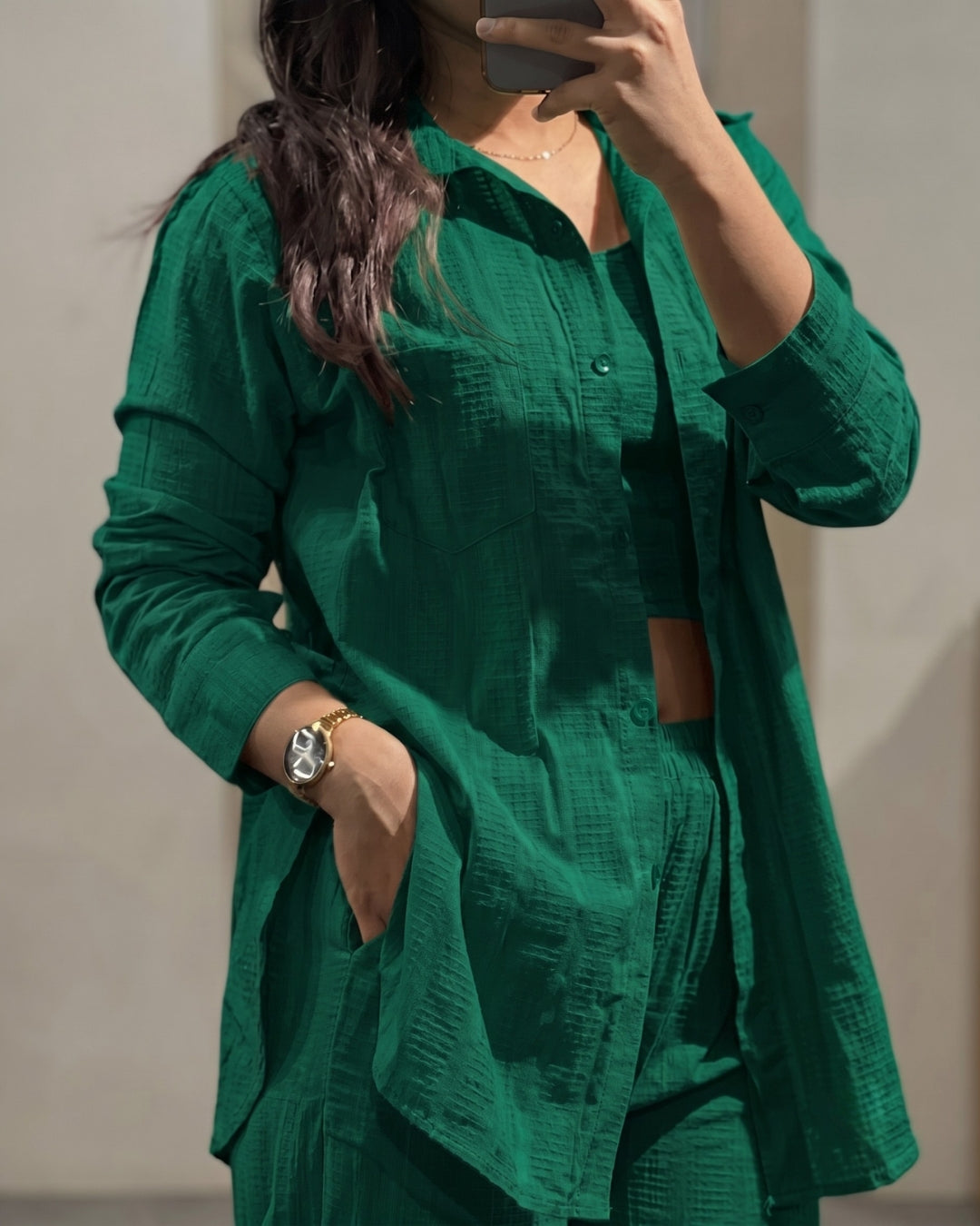 Orlina - Green Premium Textured Three Piece Co-Ord Set
