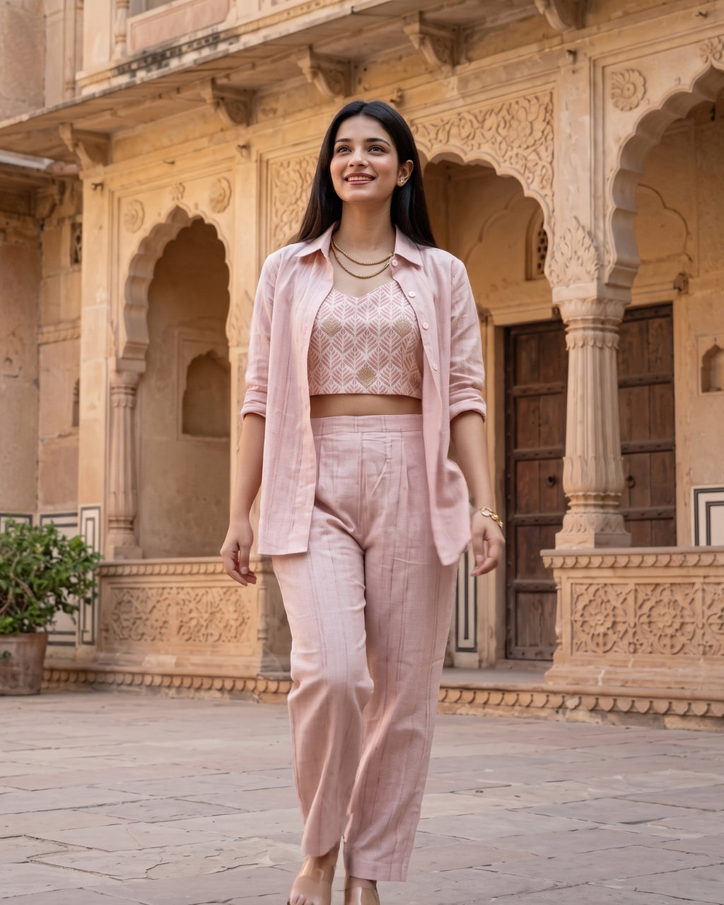 Nirvana - Blush Pink Leaf Print Three-Piece Co-Ord Set
