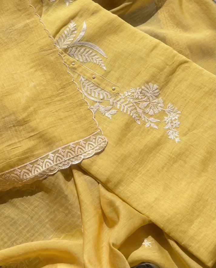 Riya - Pure Mul Cotton Mustard Yellow Unstitched Suit Set