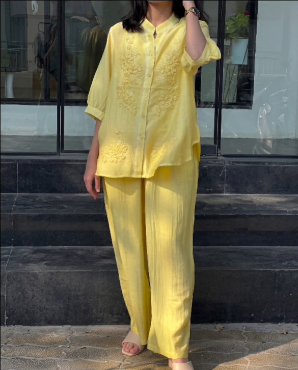 Shreya - Lemon Yellow Floral Embroidered Co-ord Set