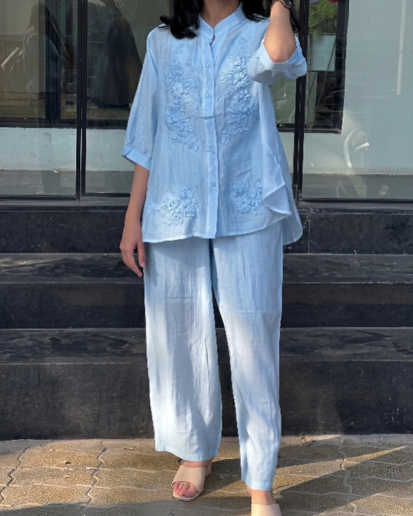Shreya - Blue Floral Embroidered Co-ord Set