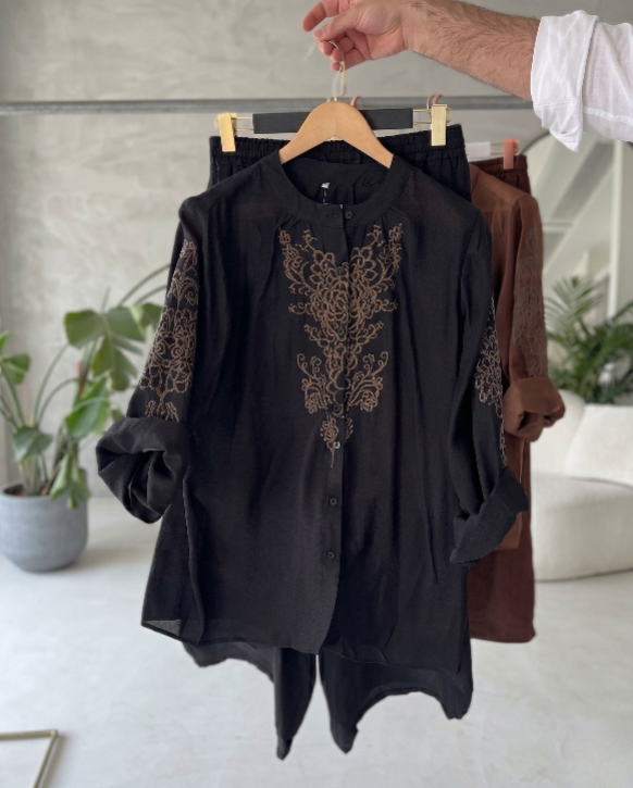 Esha - Black Floral Embroidered Shirt Pants Co-ord Set